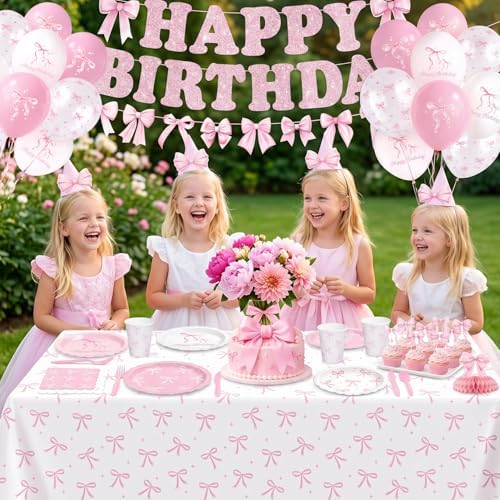 194 Pcs Pink Bow Birthday Decorations (Serves 24), Plates Napkins Cups Knifes Forks Hanging Swirls Cake & Cupcake Toppers, Banner Tablecloth Balloons Centerpieces for Girls Bachelorette Party Decor - Image 6