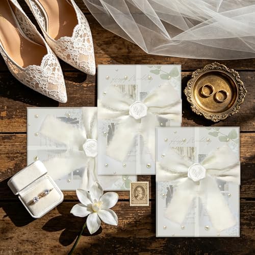 Wedding Invitation Kit, 50 Sets Pre-Folded Vellum Jackets for 5x7 Invites Ribbon Wax Seal Stickers Decorative Pearl Stickers for DIY Wedding Invitations Accessories - Image 4
