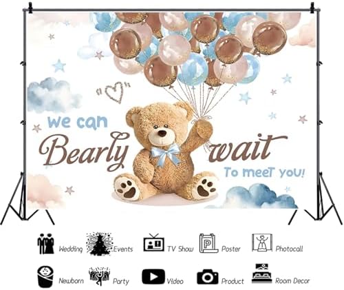 8x6ft We Can Bearly Wait Backdrop Bear Baby Shower Photography Background for Boys Cute Cartoon Balloons Baby Shower Party Decorations Supplies Photo Booth Props - Image 2