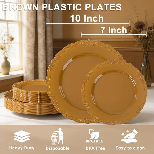 Tinybee 60PCS Brown Plastic Plates - Heavy Duty Brown Disposable Plates - Image 2