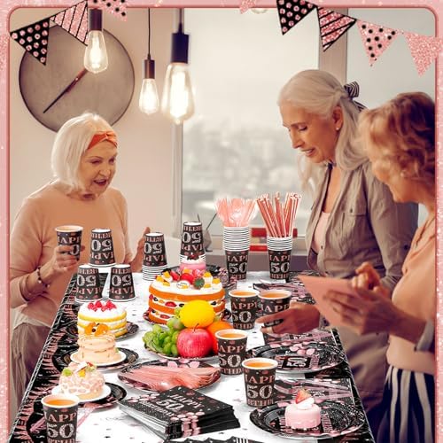 Funnymoom 452 Pcs 50th Birthday Decorations for Women Black and Rose Gold 50th Birthday Paper Plates Cups Napkins Tablecloth Cutlery Straws for Girls Women 50 Year Old Party Supplies for 50 Guests - Image 6