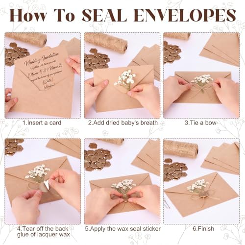 Jetec 50 Set Rustic Wedding Invitation Kits, 5 x 7 Inch Blank Kraft Envelope& Cards, Gold Wax Seals Stickers, Dried Baby's Breath Flowers & Rope, DIY Invitation Accessories for Wedding Bridal Shower - Image 3