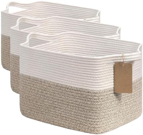Goodpick Woven Storage Basket, Cotton Rope Basket for Dog Toys, Books, Stylish Gift Basket with Handles, 13 x 10 x 9 Inches Square Baskets for Organizing, Brown and White (Pack of 3) by Goodpick