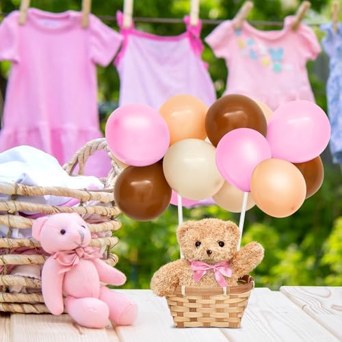 Hollowfly 6 Set Bear Baby Shower Party Decoration Table Centerpieces 6 Gender Reveal Stuffed Plush Bears 6 Bamboo Baskets 60 Colorful Balloons 12 Balloon Stands Birthday Party Wedding(Pink) - Image 3