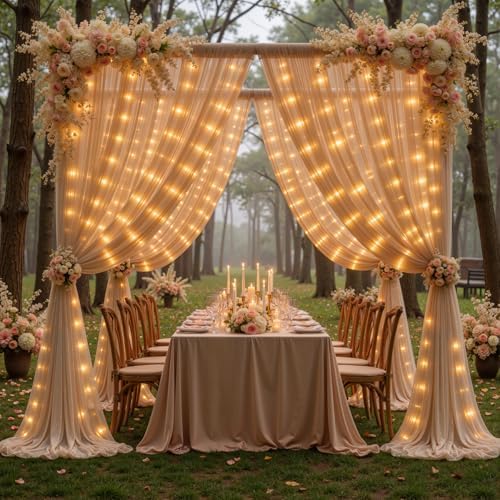 20x10FT Dark Champagne Wrinkle Free Backdrop Curtains with Lights String for Parties - Photo Curtain Backdrop with Lights for Wedding Decorations, Bridal Baby Shower Birthday Party Photography - Image 2
