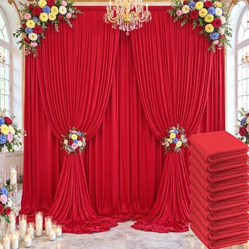 50×14ft Wrinkle Free Red Backdrop Curtain for Wedding Parties,10 Panels 5×14ft Height Soft Silky Polyester Backdrop Drapes Photo Back Ddrop Curtains for Events Photography Christmas Background Cloth by ENJOYYOURPARTY