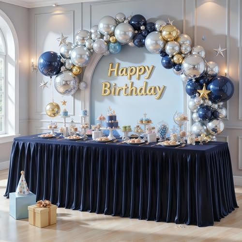 Navy Blue Satin Table Clothes for 4 Foot Rectangle Tables - 4FT Wrinkle Resistant Glitter Rectangle Tablecloths, Party Table Covers for Wedding Banquet, Baby Shower, Birthday, Holiday Dinner by WishCare