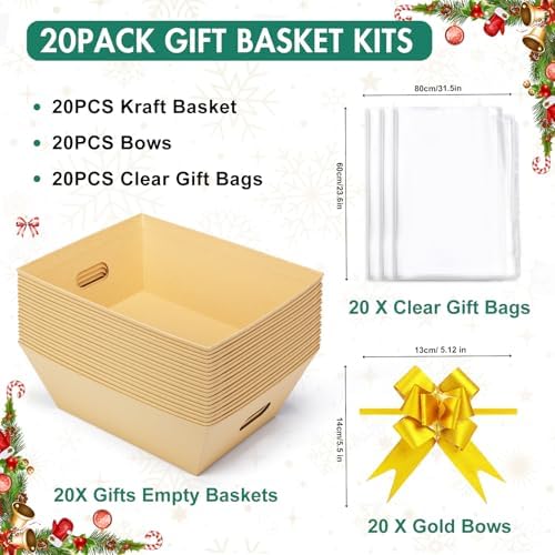 AFOROEOA 20PACK Baskets for Gifts Empty, 10x12”Thick Kraft Gift Basket with 20 Bows 20 Bags Empty Gift Baskets for Christmas, Valentine’s Day, Easter, Birthdays, Snacks, Farmers Market - Image 3