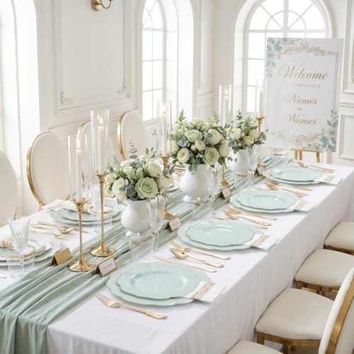 NOCCUR 175PCS Sage Green Plastic Plates with Gold Disposable Silverware - Include 50 Green and Gold Plastic Plates,25 Knives,25 Forks,25 Spoons,25 Cups and 25 Napkins - Wedding/Party/Baby Shower - Image 6