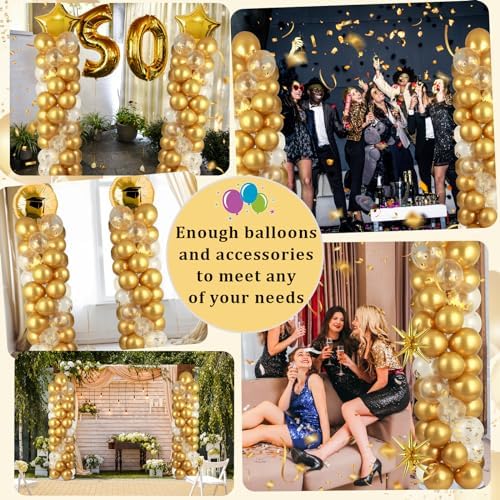 2 Sets Metallic Gold Balloon Column Stand Kit with 100 Balloons Adjustable Balloon Tower Stand with Bases for Floor Gold Confetti Balloons Column Kit for Shower Birthday Wedding Back to School Party - Image 6