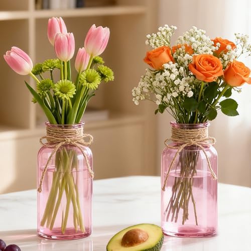 6 Pack Mason Jar Vases for Centerpieces, Pink Glass Flower Vase - Image 4