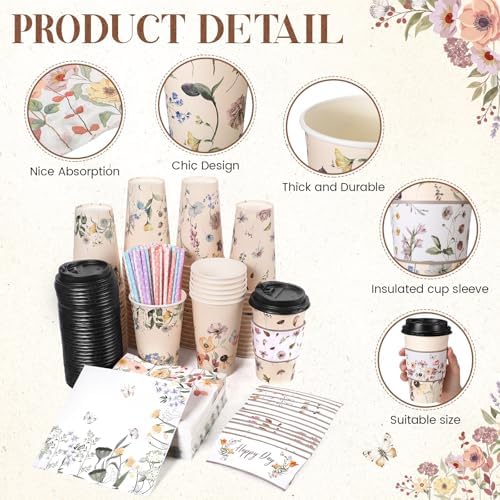 Nuogo 400pcs/100set 16 oz Vintage Floral Disposable Coffee Cups with Lids Sleeves Straws Napkins, Spring/Summer Party Tea Wedding Baby Shower Bulk Paper Cups for Hot Cold Drinks - Image 4
