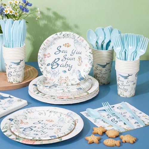 Yungyan Sea Baby Shower Plates Cups Napkins Forks, Dolphin Ocean Theme - Image 2