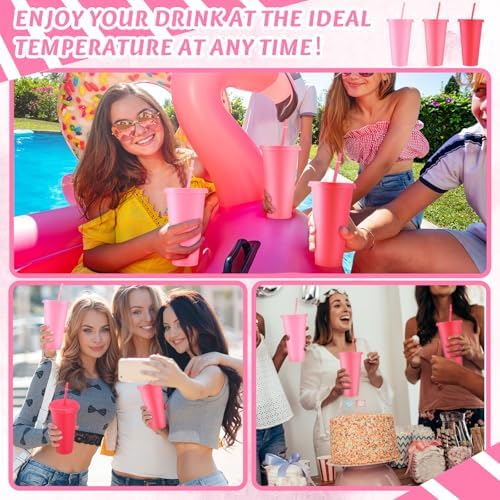 Skylety 24 Pcs Hot Pink Plastic Cups with Lids and Straws 24 oz - Image 6