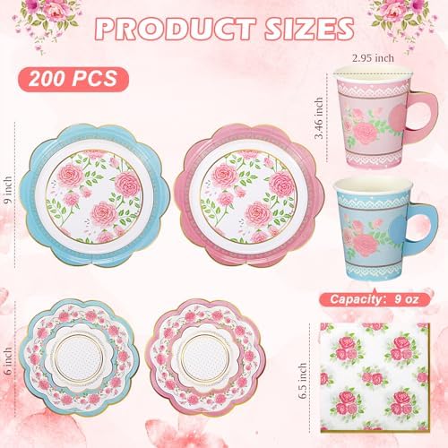 FillTouch 50 Sets Floral Paper Tea Cups and Saucers for Tea Party - Image 3