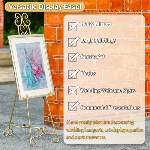 Metal Large Free Standing Adjustable Display Stand Scroll Easel with Chain Support, Gold Easel Stand for Sign, Heavy Duty Easel for Mirror, Wedding, Picture Frame (No Installation Required) - Image 4