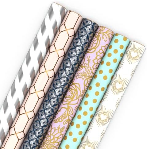 Hallmark Wrapping Paper Rolls, 6 Rolls (Hearts, Dots, Flowers, Stripes) by Hallmark