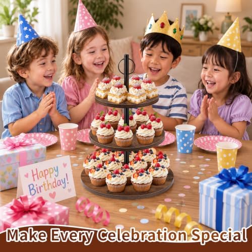 Cupcake Stand, 3 Tier Wood Cake Stands Rustic Cupcake Tower, Round Tiered Tray Stand for Dessert Table Display, Industrial Wooden Serving Stand Wedding, Graduation and Baby Shower (Zhong 1Pack) - Image 4