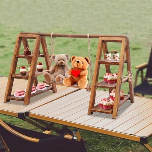 3 Tier Serving Ladder Stand with Swing, Wooden Cupcake Stand - Image 3