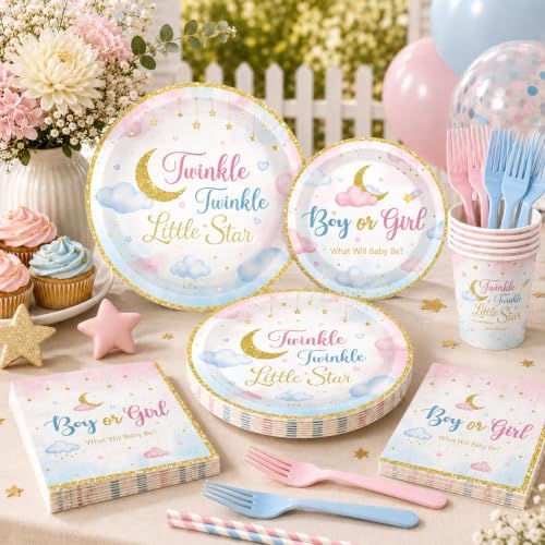 Twinkle Twinkle Little Star Gender Reveal Decorations, All-in-one Gender Reveal Decorations with Backdrop, Confetti Reveal Balloons Plates Napkins Balloon Arch, for Baby Gender Reveal Decorations - Image 3