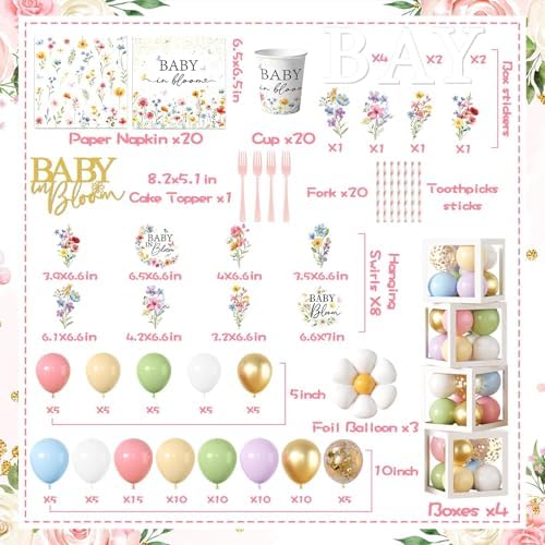 275Pcs Baby in Bloom Baby Shower Decorations for Girl Wildflower Baby in Bloom Disposable Paper Plates,Balloons Arch,Cake Topper,Backdrop,Cup,Tablecloth for Floral Baby Shower Party Decor Supplies - Image 4