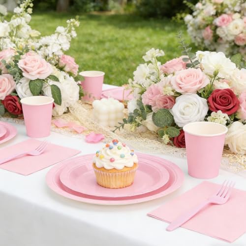 Light Pink Plates and Napkins Include 9’’Disposable Burgundy Paper Plate, 7’’Dessert Plates and Cups and Napkins Forks Set for Baby Showers, Birthday, Wedding, Serves 50 - Image 5