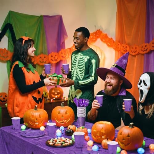 Funnymoom 452 Pcs Halloween Spiderweb Supplies Tableware for 50 Guests, Purple Spider Web Paper Plates Napkins Cups Tablecloth Cutlery Straws for Spiderweb Halloween Birthday Party Decoration - Image 4