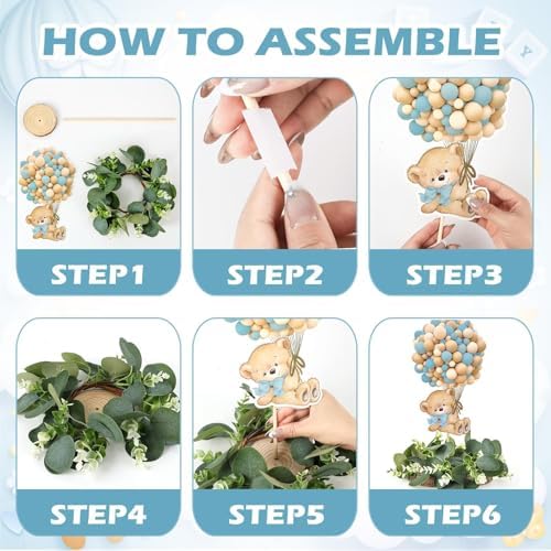 6 Set Baby Shower Bear Table Centerpieces Decortion Blue Bear with Eucalyptus Wreath Wood Slices Welcome Baby Table Toppers for Gender Reveal It's A Boy Party Favors - Image 3