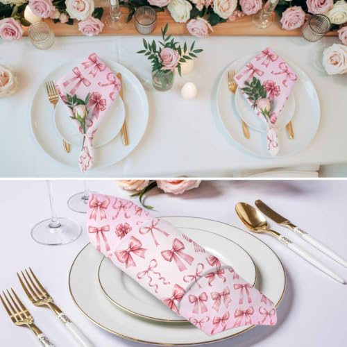 Pink Ribbon Bow Cloth Napkins Set of 8, Fantasy Sweet Bows Modern Abstract Washable Reusable Dinner Cocktail Napkin for Kitchen Party Wedding Banquet Holiday Baby Shower Table Decor - Image 3