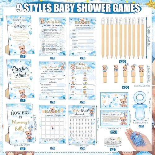 Sherr 476 Pcs Blue Bear Baby Shower Games, 9 Styles Baby Shower Activities - Image 3