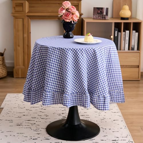vctops Farmhouse Blue Gingham Ruffle Table Cloth, Boho Cotton Linen Tablecloth, Washable Table Cover for Round Table Baby Shower Kitchen Party Wedding Decor (Blue,70") by vctops