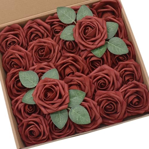 D-Seven Artificial Flower 50pcs Amber Roses with Stem for DIY Wedding Bouquets Floral Arrangements Bridal Shower Baby Shower Party Home Decor by D-Seven