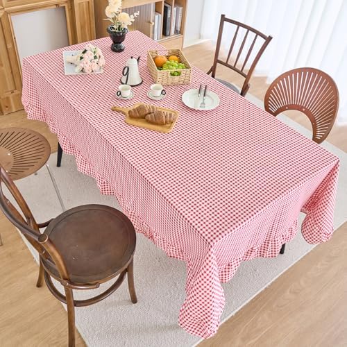 vctops Farmhouse Red Plaid Ruffle Table Cloth, Boho Cotton Linen Tablecloth, Washable Table Cover for Rectangle Table Baby Shower Kitchen Party Wedding Decor (Red A,55"x86") - Image 3