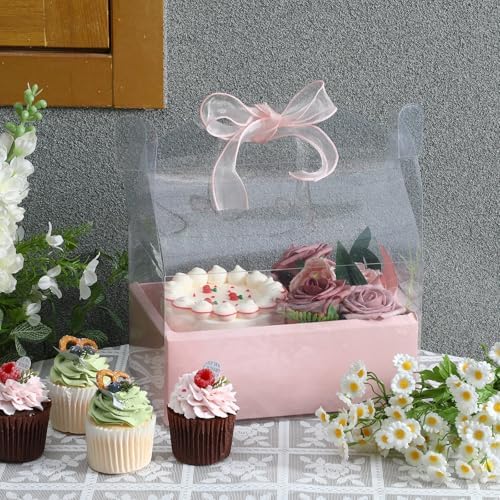 Honeydak 10 Pcs Cake Flower Clear Gift Boxes with Handle 4 in, Pink, Bow - Image 6