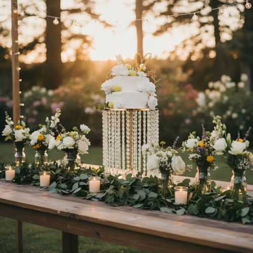 Wedding Cake Stand for Dessert Table 12 Inch Gold Crystal Pendants Metal Cake Stand Serves as A Round Dessert Cupcake Display Plate 16 Inch Tall (Gold) - Image 3