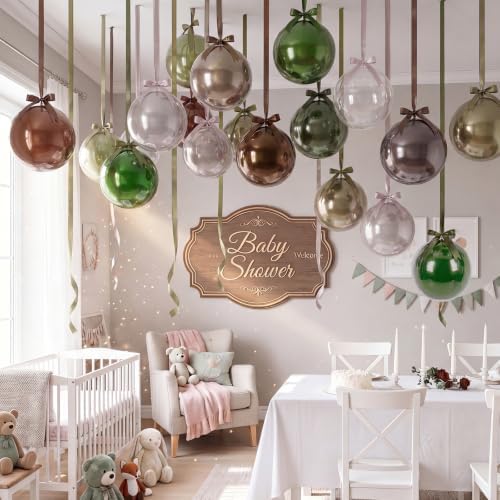 TaoBary 30 Set Sage Green Brown Boho Large Ceiling Hanging Latex Balloons Bulk 22/18'' Ceiling Decor Bobo Balloons with Satin Bows, Ribbons for Hunting Woodland Birthday Party Wedding Decoration - Image 2