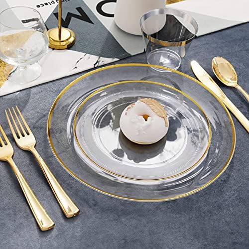 LIYH 60 Pcs Clear and Gold Plastic Plates Heavy Duty Clear Disposable Plates for Party Gold Plastic Plate for Wedding Birthday Include 30 Dinner 30 Dessert Plate - Image 2