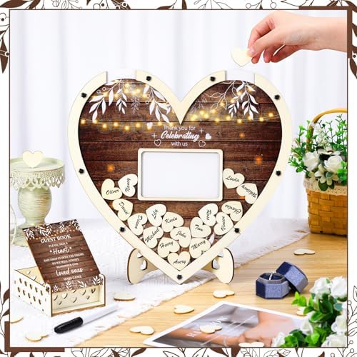 Chunful Hearts Guest Book Alternative with 100 Wooden Hearts Chips Box and Pen Brown Wooden Heart Picture Frame Rustic Guest Book Reception for Wedding Baby Shower Birthday Ceremony(Classic) - Image 5
