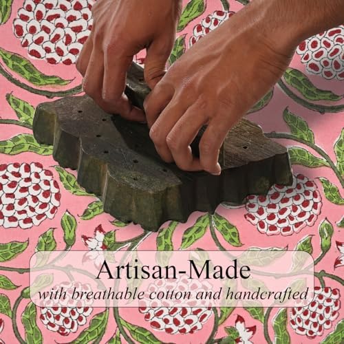 Ridhi Strawberry Pink Hand Block Print Cotton Tablecloth 120 x 60 Inch - Image 4