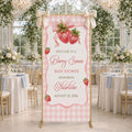 Berry Sweet Pink Gingham Strawberry Baby Shower Satin Welcome Banner by Custom