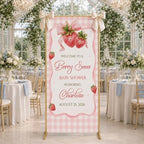 Berry Sweet Pink Gingham Strawberry Baby Shower Satin Welcome Banner by Custom