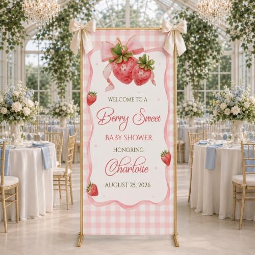 Berry Sweet Pink Gingham Strawberry Baby Shower Satin Welcome Banner by Custom