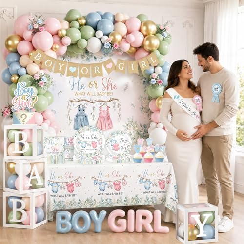 Gender Reveal Decorations,271pcs Greenery Boy or Girl Gender Reveal Plates and Napkins Cups Banner Backdrop Tablecloth Cake Topper Balloon for He Or She Gender Reveal Decorations - Image 2