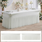 NSSONBEN 2 pk Ivory Spandex Tablecloth for 8 Foot Rectangle Tables,Wrinkle Free High Stretch Cream Fitted Tablecloths with Ruffle Skirt, Elastic Spandex Table Covers 8ft for Parties Weddings Banquet by ENJOYYOURPARTY
