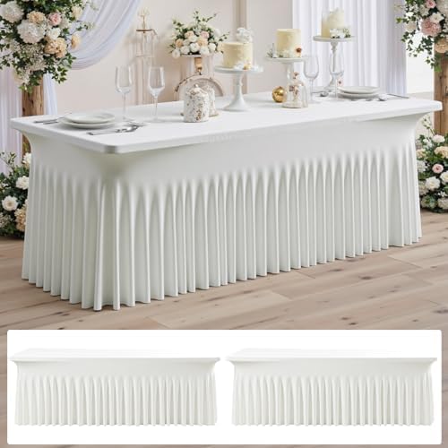 NSSONBEN 2 pk Ivory Spandex Tablecloth for 8 Foot Rectangle Tables,Wrinkle Free High Stretch Cream Fitted Tablecloths with Ruffle Skirt, Elastic Spandex Table Covers 8ft for Parties Weddings Banquet by ENJOYYOURPARTY