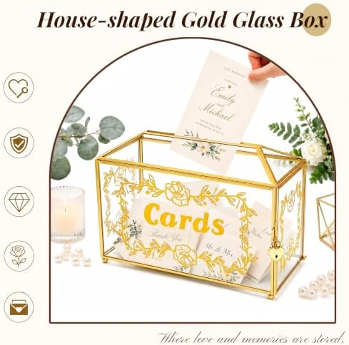 Large Wedding Card Box with Lock & Slot, House-shaped Gold Glass Box, Vintage Gift Brass Envelope Holder for Reception, Graduation, Baby Shower, Birthday, 12.5"x 5.9" x 8.8" - Image 7