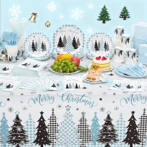 Funnymoom 452 Pcs Light Blue Christmas Party Decoration for 50, Plaid Gingham Tree Blue Xmas Paper Plates Napkins Cups Tablecloth Cutlery Straws for Winter Holiday Baby Shower Birthday Party Supplies - Image 4