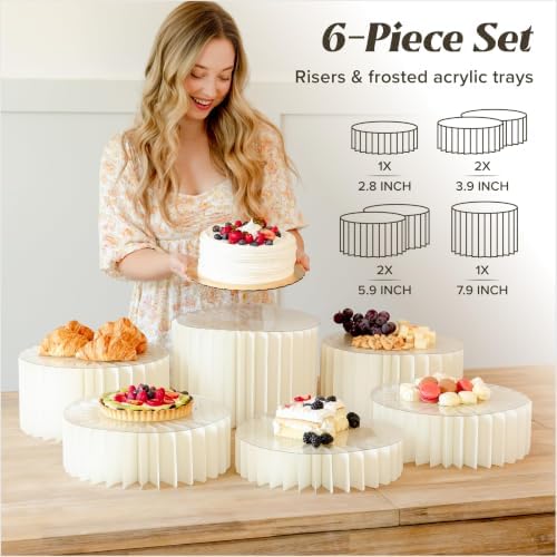 ZANIRA 6 Pack White Buffet Risers, Foldable Paper Honeycomb Stands with Frosted Acrylic Trays for Party, Dessert Table Risers for Buffet Table, Weddings, Cakes, Cupcakes and Catering - Image 3