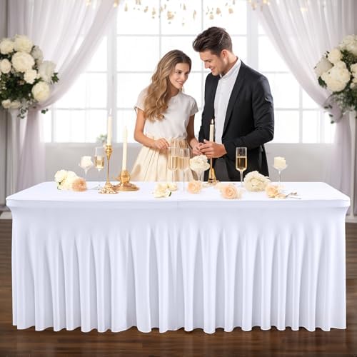 PARTISKY White Spandex Tablecloth for 4ft Rectangle Tables, Stretchable Table Cover Skirt for Folding Tables Weddings Parties Banquets Events Trade Shows and Dessert Table by Partisky