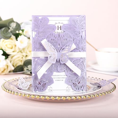 50Pcs Light Purple Wedding Invitations with Envelopes and RSVP Cards - Image 6